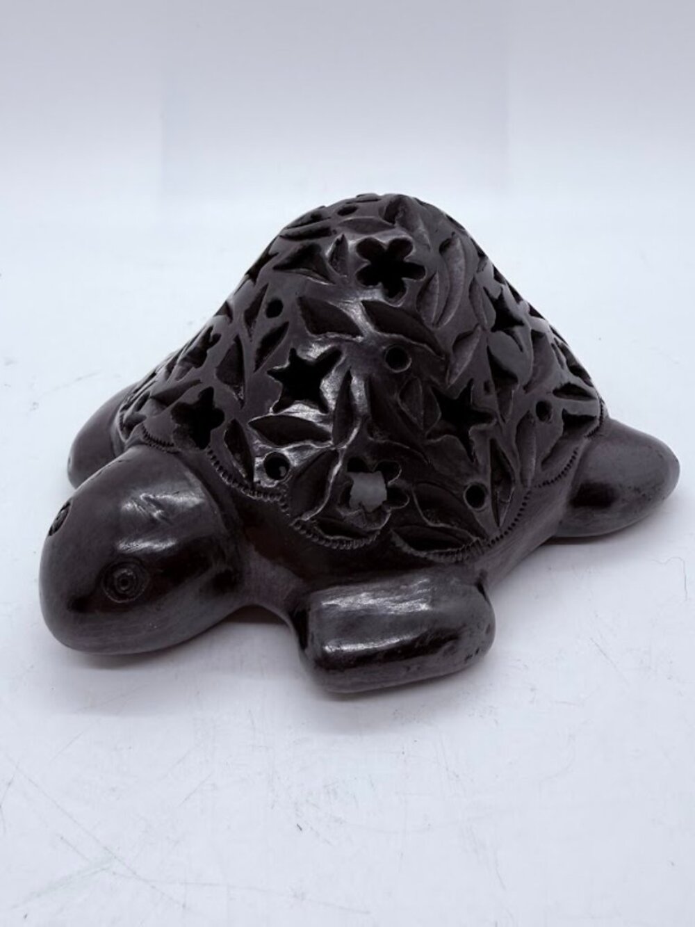 Barro Negro Mexican Black Clay Turtle Reticulated Pierced Figurine Oaxacan